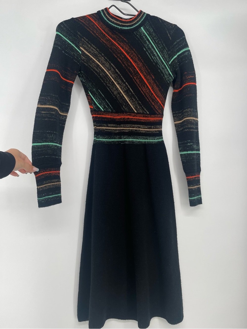 60s 70s VTG Black Multicolor Striped Long Sleeve Knit Sweater Dress A-line Skirt